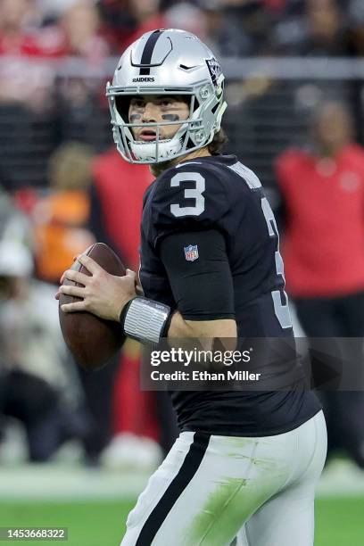 Jarrett Stidham of the Las Vegas Raiders looks to pass against the San Francisco 49ers during the second quarter at Allegiant Stadium on January 01,...