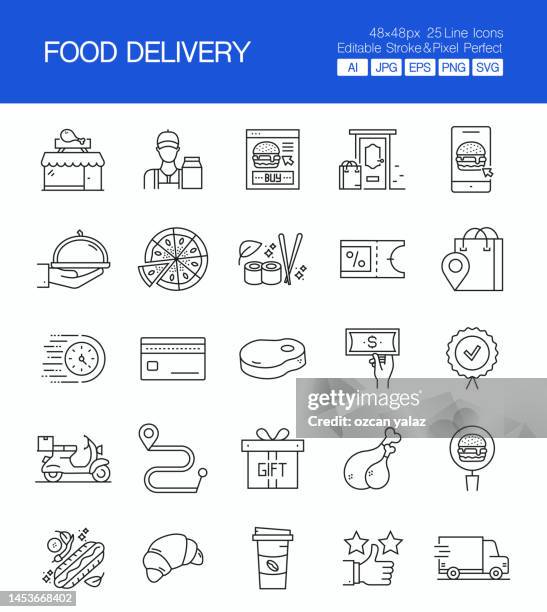 food delivery thin line vector icon set. the design is editable and the color can be changed. vector set of creativity icons: courier , grocery delivery , order line , online food order , cash on delivery - coffee packaging stock illustrations