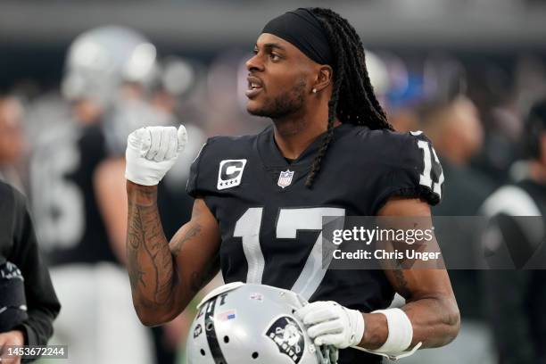 Davante Adams of the Las Vegas Raiders reacts against the San Francisco 49ers during the third quarter at Allegiant Stadium on January 01, 2023 in...