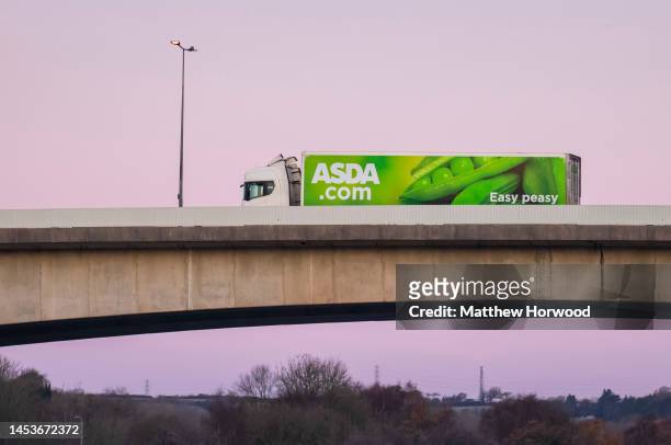 An ASDA delivery lorry at sunset on December 16, 2022 in Cardiff, Wales.