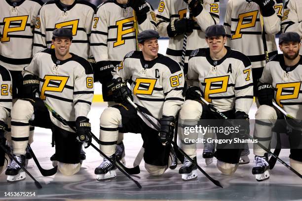 Sidney Crosby of the Pittsburgh Penguins smiles during the team photo prior to practice for the 2023 Winter Classic at Fenway Park on January 01,...