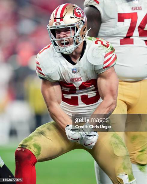 Christian McCaffrey of the San Francisco 49ers reacts after a run against the Las Vegas Raiders during the fourth quarter at Allegiant Stadium on...