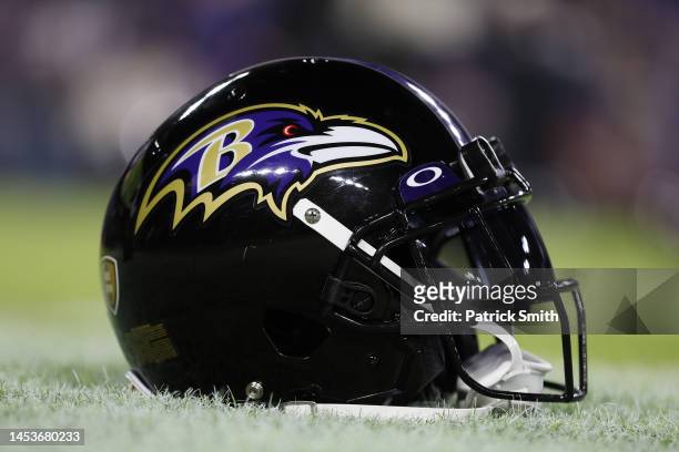 Detail of a Baltimore Ravens helmet prior to the game against the Pittsburgh Steelers at M&T Bank Stadium on January 01, 2023 in Baltimore, Maryland.