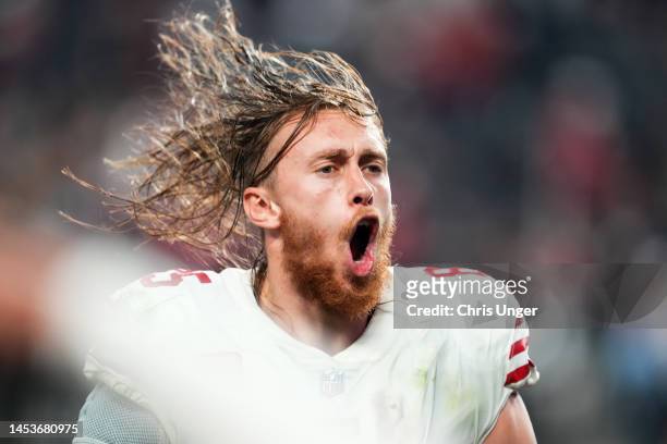 George Kittle of the San Francisco 49ers celebrates an overtime win against the Las Vegas Raiders at Allegiant Stadium on January 01, 2023 in Las...