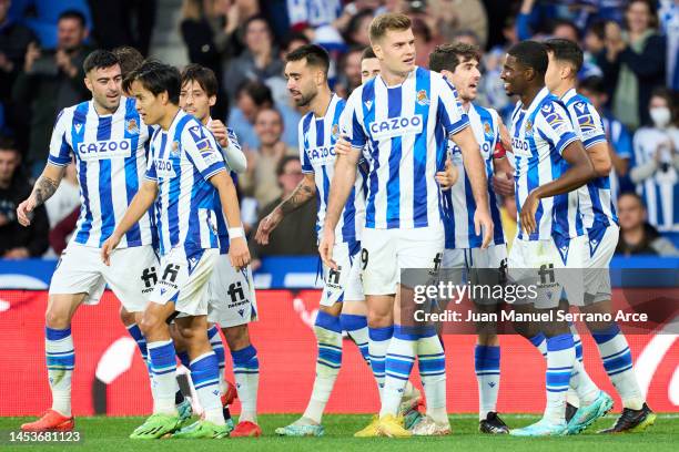 Alexander Sorloth of Real Sociedad celebrates after scoring the team's second goal with teammates during the LaLiga Santander match between Real...