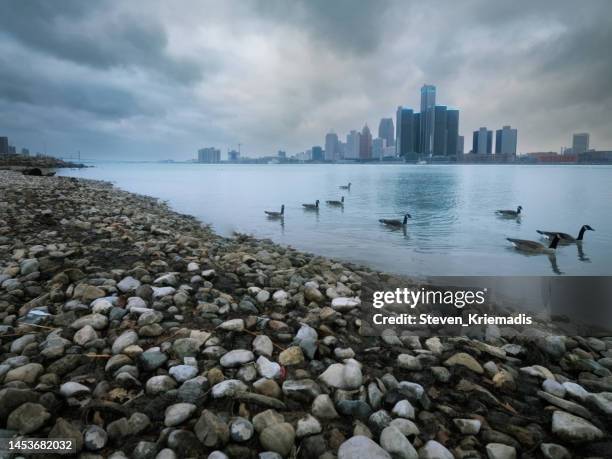 the detroit and windsor skyline at dusk - detroit michigan stock pictures, royalty-free photos & images