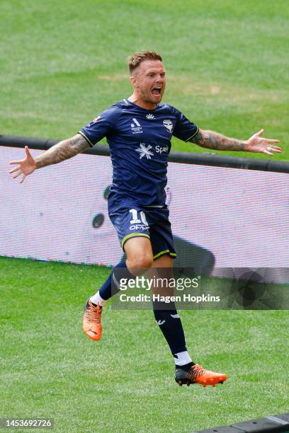 David Ball of the Phoenix celebrates after scoring a goal during the round 10 A-League Men's match between Wellington Phoenix and Melbourne City at...
