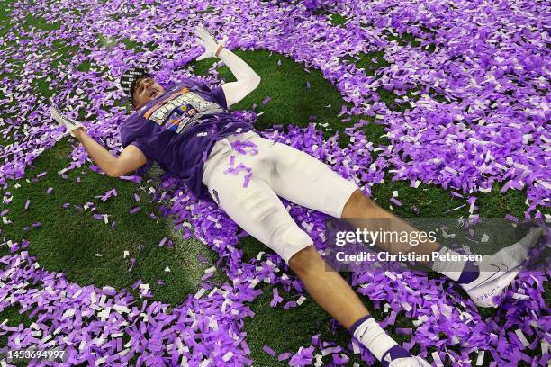 Linebacker Ryan Quintanar of the TCU Horned Frogs celebrates with confetti following the Vrbo Fiesta Bowl at State Farm Stadium on December 31, 2022...