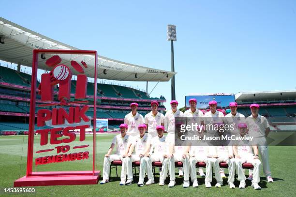 Australia pose for a team photo during an Australian Test squad training session at Sydney Cricket Ground on January 02, 2023 in Sydney, Australia.