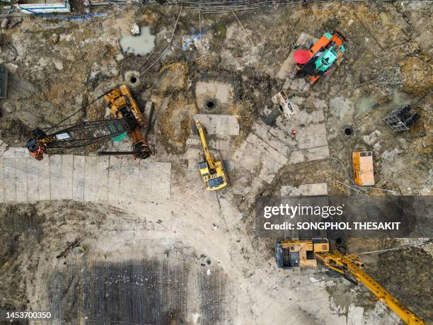 aerial view/construction site and foundation building - building foundations stock pictures, royalty-free photos & images