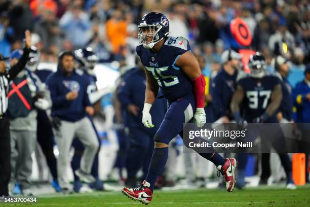 DeMarcus Walker of the Tennessee Titans celebrates after the play against the Dallas Cowboys at Nissan Stadium on December 29, 2022 in Nashville,...