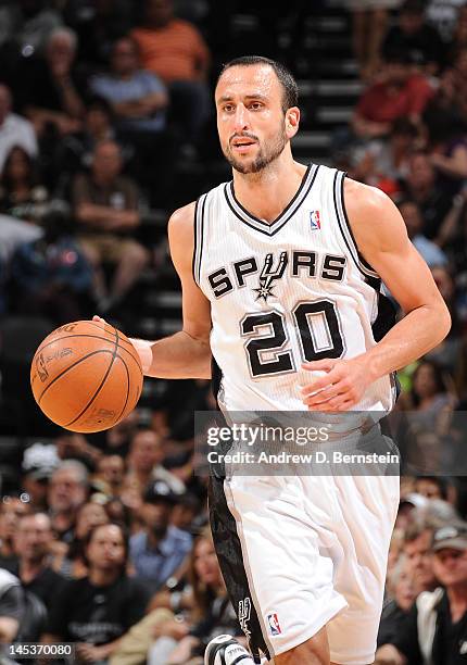 Manu Ginobili of the San Antonio Spurs brings the ball up court during Game One of the Western Conference Finals between the San Antonio Spurs and...