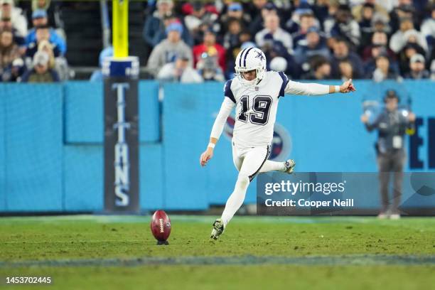 Brett Maher of the Dallas Cowboys kicks against the Tennessee Titans at Nissan Stadium on December 29, 2022 in Nashville, Tennessee.