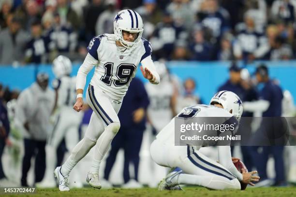 Brett Maher of the Dallas Cowboys kicks against the Tennessee Titans at Nissan Stadium on December 29, 2022 in Nashville, Tennessee.