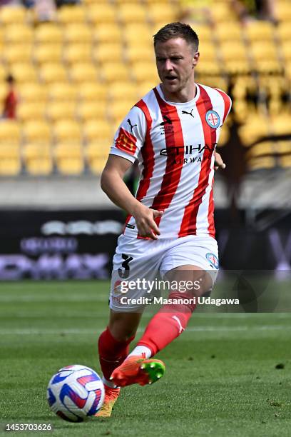 Scott Jamieson of Melbourne City passes the ball during the round 10 A-League Men's match between Wellington Phoenix and Melbourne City at Sky...