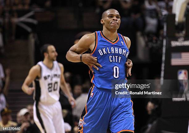 Russell Westbrook of the Oklahoma City Thunder reacts in the third quarter against the San Antonio Spurs in Game One of the Western Conference Finals...