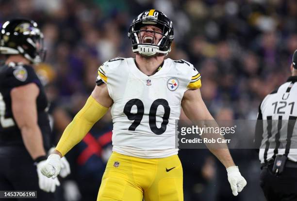 Watt of the Pittsburgh Steelers celebrates after sacking Tyler Huntley of the Baltimore Ravens during the third quarter at M&T Bank Stadium on...