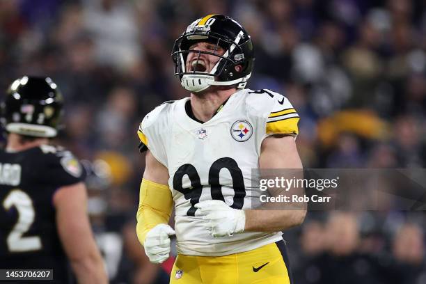 Watt of the Pittsburgh Steelers celebrates after sacking Tyler Huntley of the Baltimore Ravens during the third quarter at M&T Bank Stadium on...