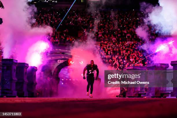 Tyus Bowser of the Baltimore Ravens reacts as he takes the field prior to an NFL football game between the Baltimore Ravens and the Pittsburgh...