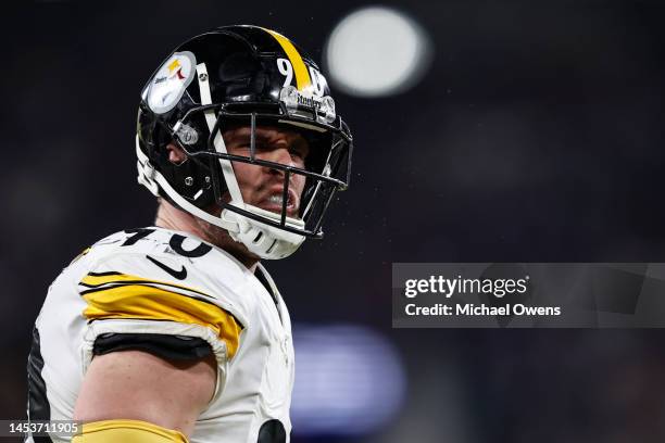 Watt of the Pittsburgh Steelers reacts after making a sack during an NFL football game between the Baltimore Ravens and the Pittsburgh Steelers at...