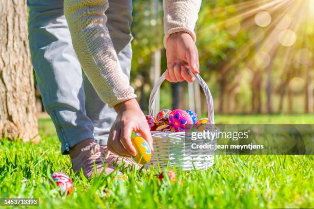 woman with a wicker basket picking up easter eggs - easter eggs basket bildbanksfoton och bilder