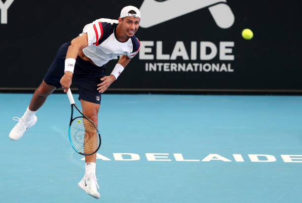 Alexei Popyrin of Australia competes against Felix Auger-Akuassime of Canada during day two of the 2023 Adelaide International at Memorial Drive on...
