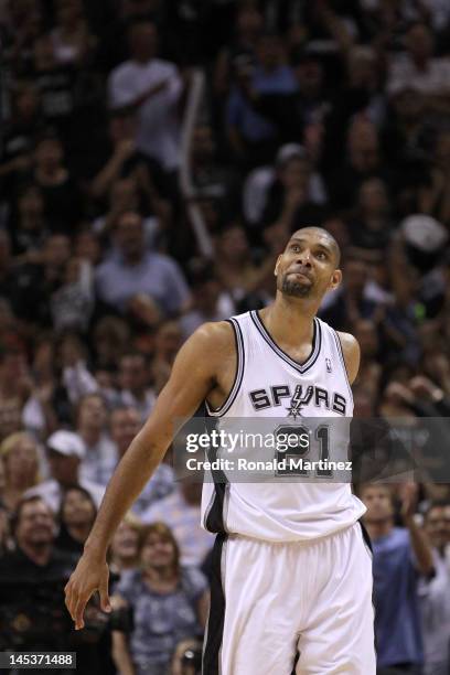 Tim Duncan of the San Antonio Spurs reacts late in the fourth quarter while taking on the Oklahoma City Thunder in Game One of the Western Conference...