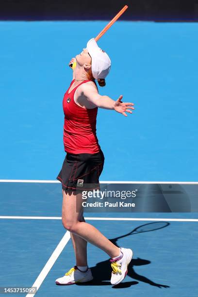 Alison van Uytvanck of Belgium celebrates winning the Women's singles match against Despina Papamichail of Greece during day five of the 2023 United...