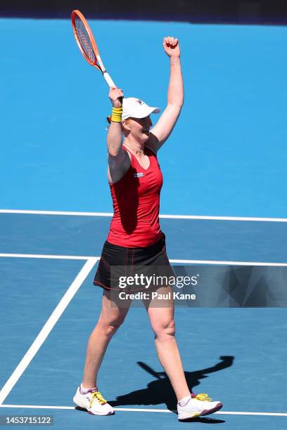 Alison van Uytvanck of Belgium celebrates winning the Women's singles match against Despina Papamichail of Greece during day five of the 2023 United...