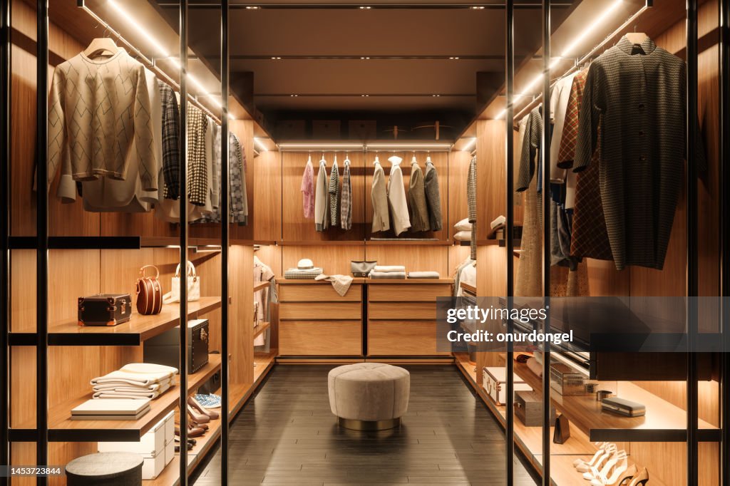 靴、バッグ、吊り下げ服を使った更衣室の内部