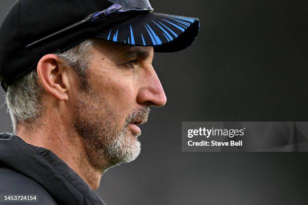 Jason Gillespie Head Coach of the Strikers is seen during the Men's Big Bash League match between the Hobart Hurricanes and the Adelaide Strikers at...