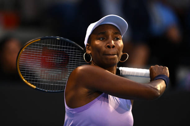 Venus Williams of USA plays a forehand during her first round match against Katie Volynets of USA during day one of the 2023 ASB Classic Women's at...
