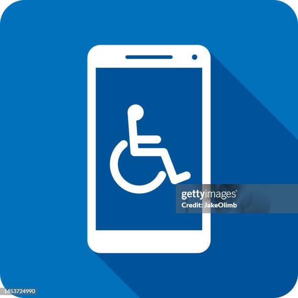 illustrazioni stock, clip art, cartoni animati e icone di tendenza di sedia a rotelle smartphone icona silhouette - handicap