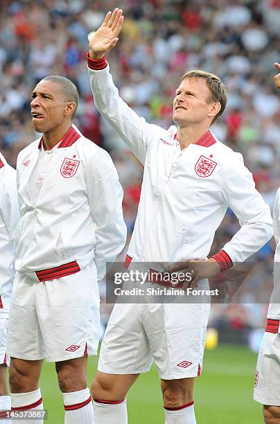 Des Walker and Teddy Sheringham play in charity football event Soccer Aid 2012 to raise funds for UNICEF on May 27, 2012 in Manchester, United...