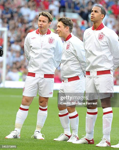 Graeme Le Saux, Mark Owen of Take That and Marvin Humes of JLS play in charity football event Soccer Aid 2012 to raise funds for UNICEF on May 27,...