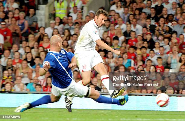 Jonathan Wilkes and Freddie Ljunberg play in charity football event Soccer Aid 2012 to raise funds for UNICEF on May 27, 2012 in Manchester, United...