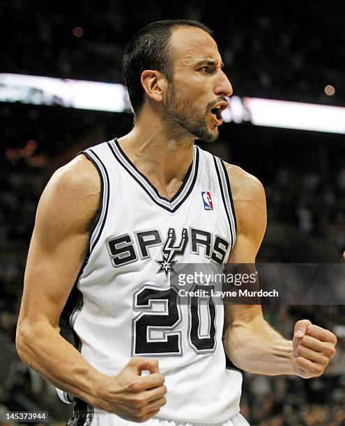 Manu Ginobili of the San Antonio Spurs reacts to a paly against the Oklahoma City Thunder in Game One of the Western Conference Finals during the...