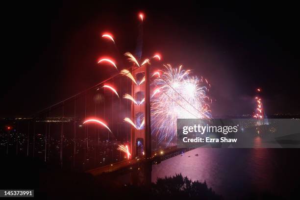 Fireworks explode over the Golden Gate Bridge on May 27, 2012 in San Francisco, California. The Golden Gate Bridge celebrates its 75th anniversary...