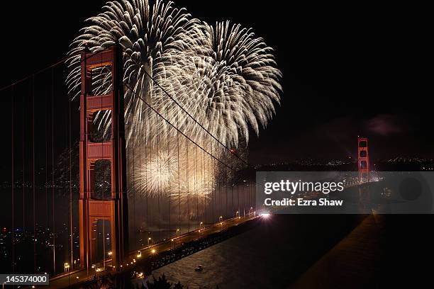 Fireworks explode over the Golden Gate Bridge on May 27, 2012 in San Francisco, California. The Golden Gate Bridge celebrates its 75th anniversary...