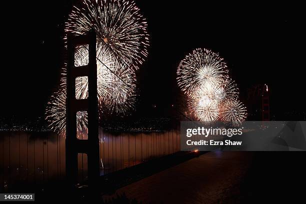 Fireworks explode over the Golden Gate Bridge on May 27, 2012 in San Francisco, California. The Golden Gate Bridge celebrates its 75th anniversary...