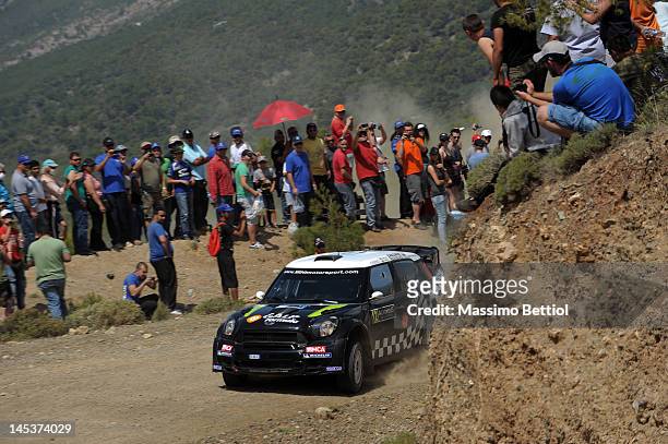 Armindo Araujo of Portugal and Miguel Ramalho of Potugal compete in their WRC Team Mini Portugal Mini John Cooper Works WRC during Day Three of the...