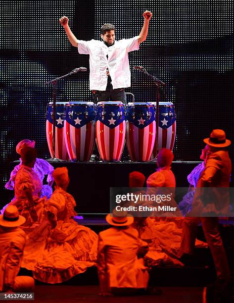 Conga player Jose Febres performs during the Q'Viva! The Chosen Live show at the Mandalay Bay Events Center on May 26, 2012 in Las Vegas, Nevada.