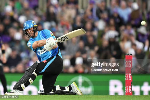 Chris Lynn of the Strikers hits a boundary during the Men's Big Bash League match between the Hobart Hurricanes and the Adelaide Strikers at...