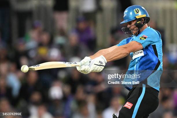 Chris Lynn of the Strikers bats during the Men's Big Bash League match between the Hobart Hurricanes and the Adelaide Strikers at Blundstone Arena,...