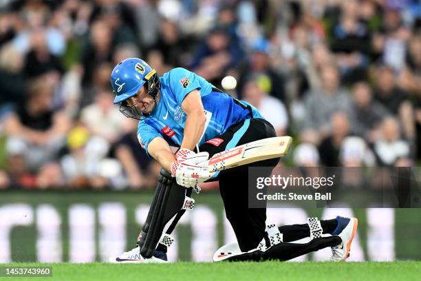 Henry Hunt of the Strikers bats during the Men's Big Bash League match between the Hobart Hurricanes and the Adelaide Strikers at Blundstone Arena,...