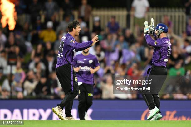 Patrick Dooley of the Hurricanes celebrates the wicket of during the Men's Big Bash League match between the Hobart Hurricanes and the Adelaide...