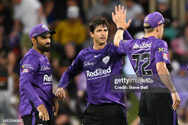 Patrick Dooley of the Hurricanes celebrates the wicket of during the Men's Big Bash League match between the Hobart Hurricanes and the Adelaide...