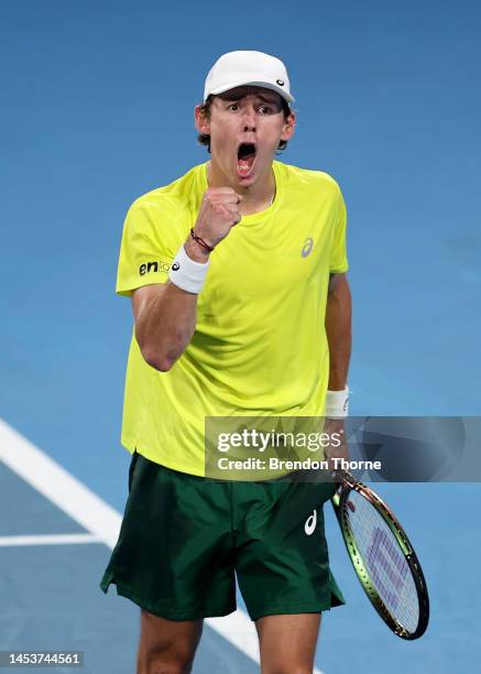 Alex de Minaur of Australia celebrates a point in his group D match against Rafael Nadal of Spain during day five of the 2023 United Cup at Ken...