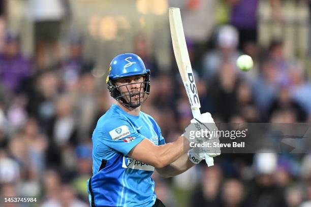 Chris Lynn of the Strikers bats during the Men's Big Bash League match between the Hobart Hurricanes and the Adelaide Strikers at Blundstone Arena,...