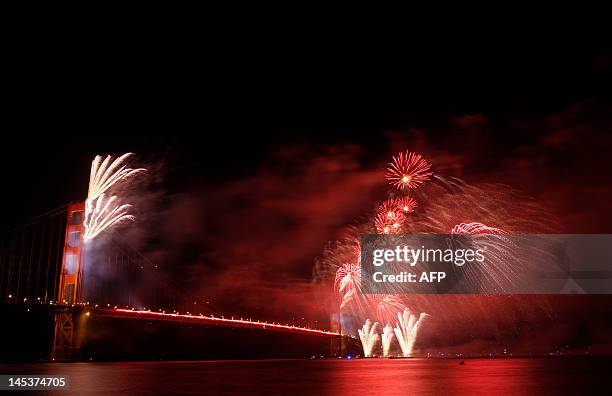 Fireworks illuminate the Golden Gate Bridge during the celebration of its 75th anniversary on late May 27, 2012. Tens of thousand of people came to...